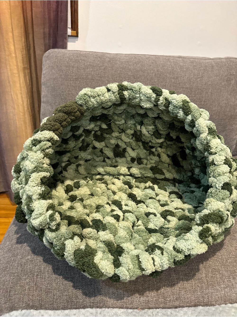 Handmade ,loop by loop Knitted Small Pet Cave Bed in Light and Dark Green .